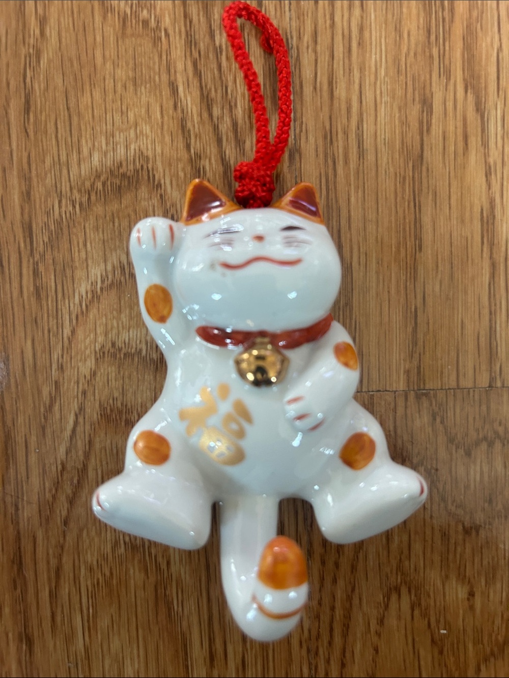 Lucky Maneki Neko Ceramic Cat Ornament - White and Orange